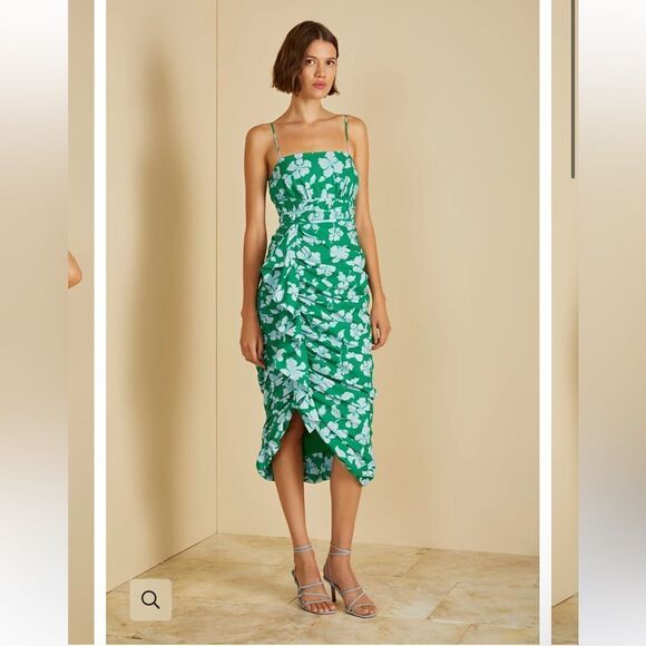 $448 Olly Ruched Midi Dress in Frog Flower NWT - Picture 3 of 13
